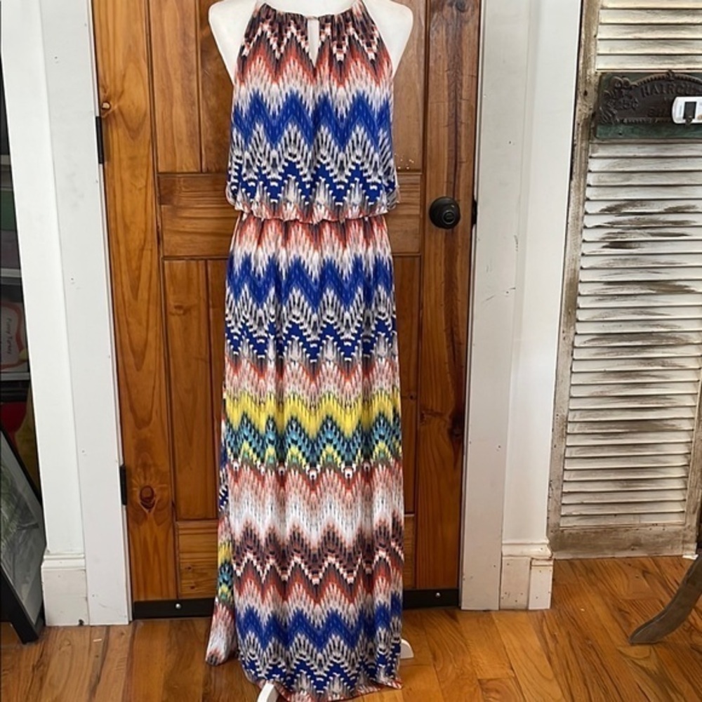 Dress Barn Sleeveless Multicolor Knit Maxi Dress 14 Aztec Tribal Zig Zag Striped